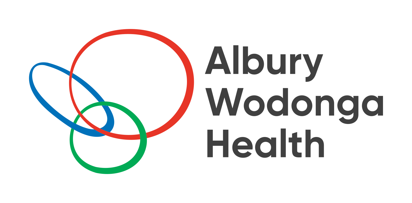 Albury Wodonga Health text and three branded rings in the colour red, blue and green.