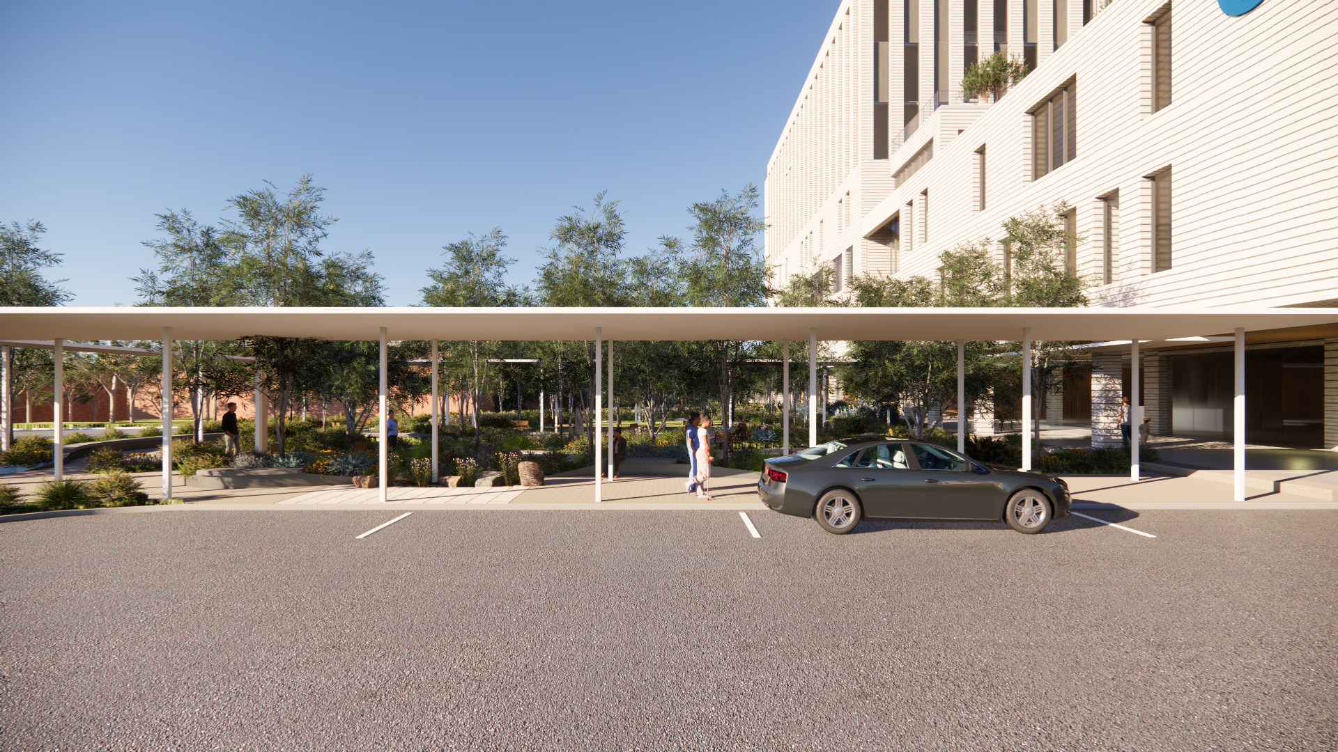 people getting out of car in a new hospital drop off area, undercover pathway nearby