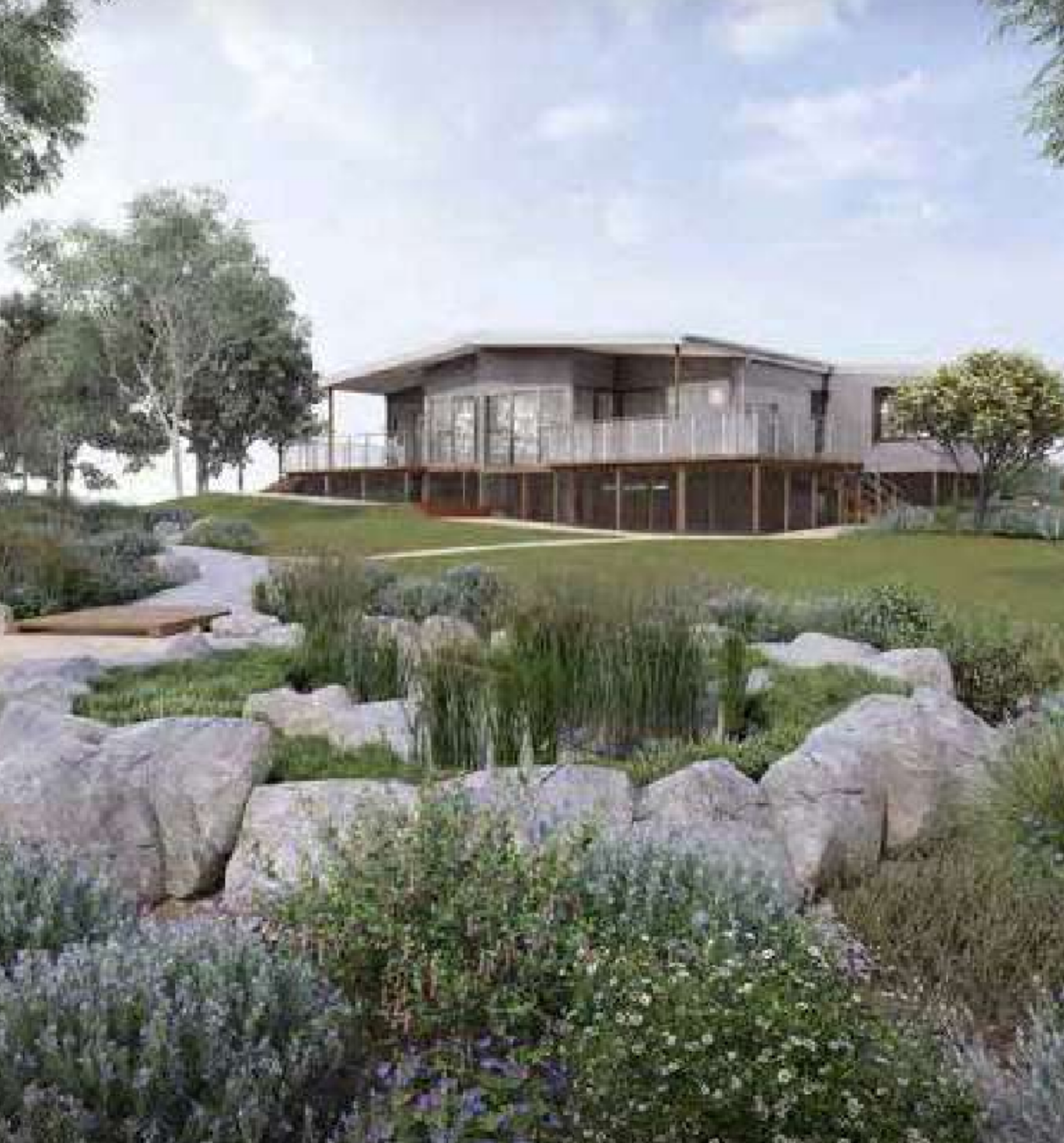 render of new residential building with elevated balcony and a native landscape feature beneath