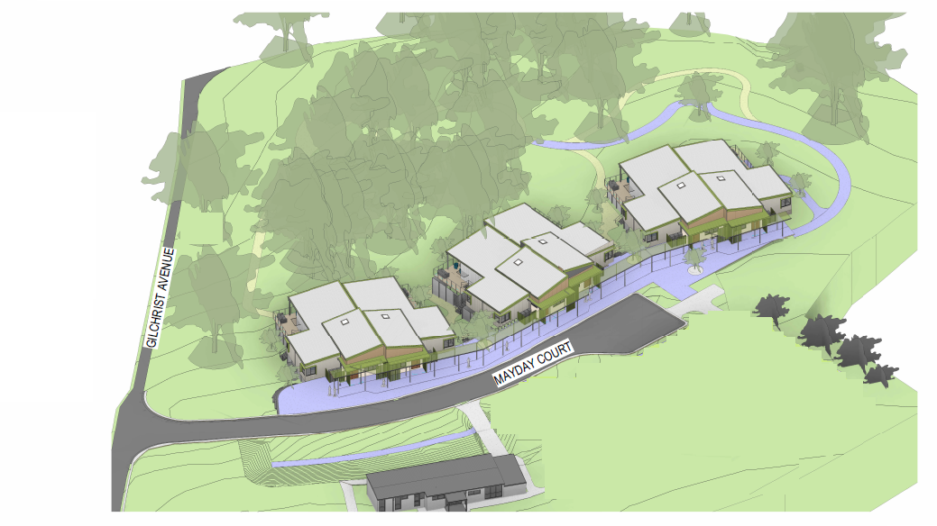 Site map that features three new residential buildings, shown in sitchu between Gilchrist Avenue and Mayday Court