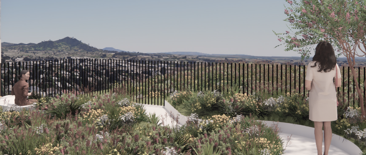 Render of a person looking out at a view surrounded by native flora on a terrace.